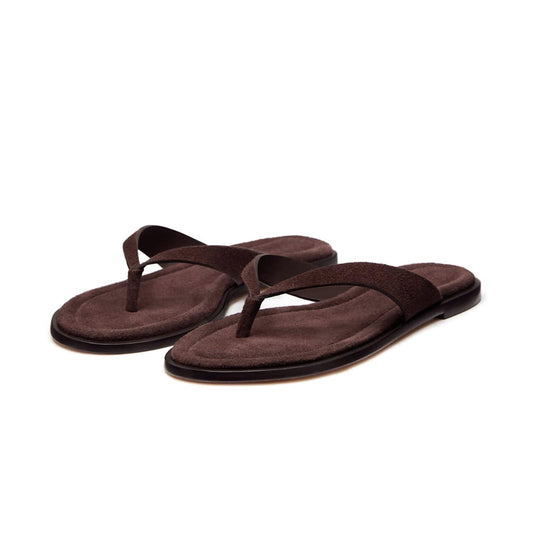 Coffee Faux Suede Round-Toe Flip-Flop Slip-On Sandals Flats