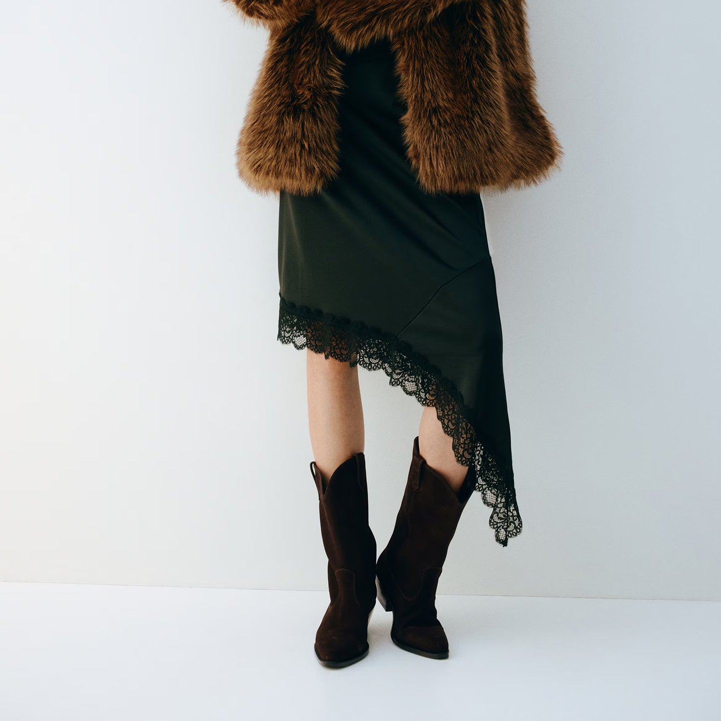 Coffee Faux Suede Almond-Toe Simple Mid Calf Chic Cowgirl Boots