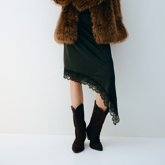 Coffee Faux Suede Almond-Toe Simple Mid Calf Chic Cowgirl Boots