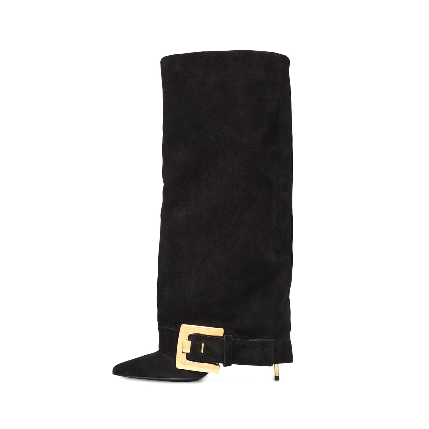 Black Faux Suede Pointed-Toe Buckle Fold-Over Wide Calf Knee High Stiletto Boots