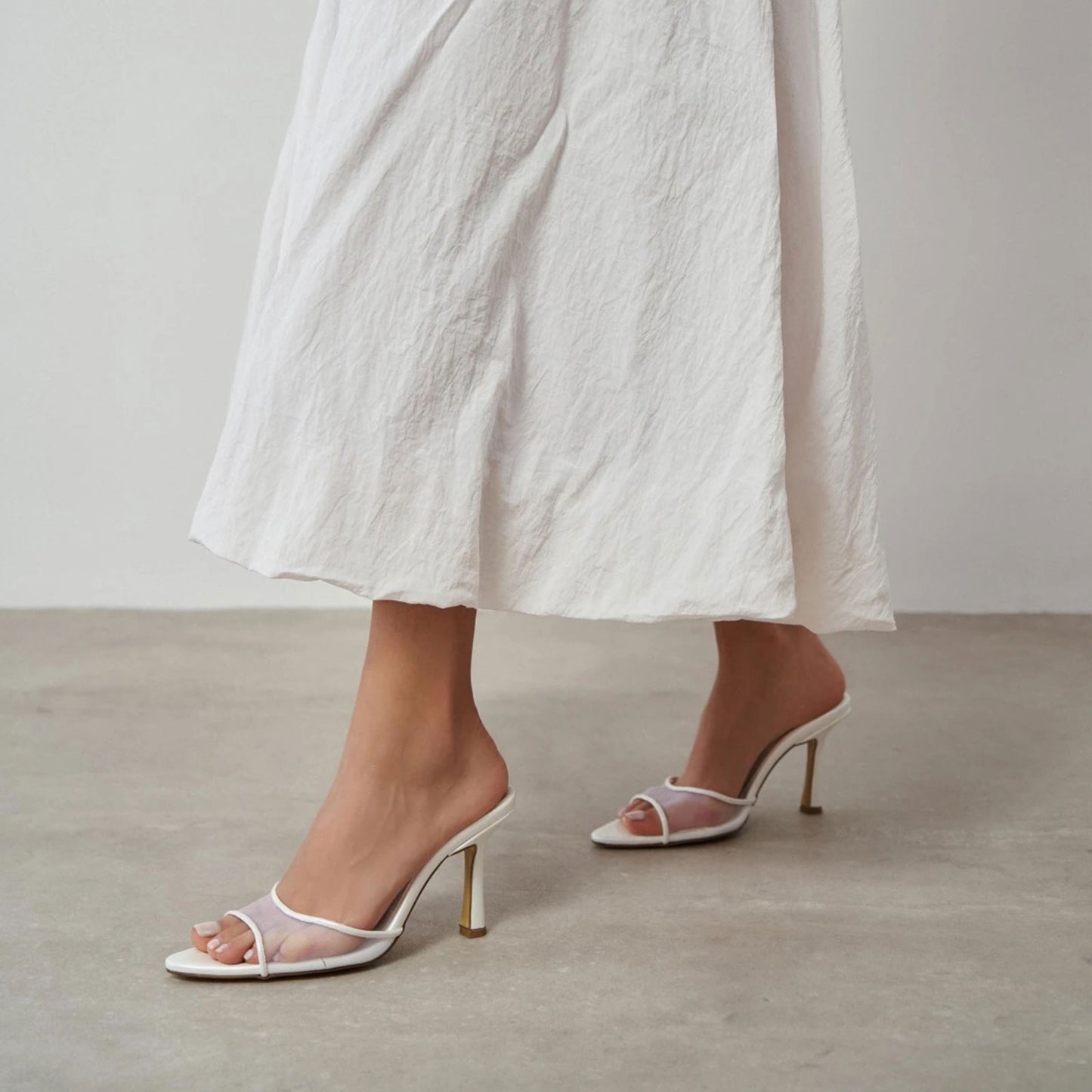 White Mesh And Vegan Leather Pointed-Toe Backless Classic High Heels