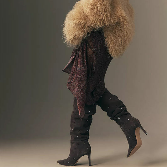 Brown Faux Suede Pointed-Toe Studded Half-Zip Knee High Stiletto Boots