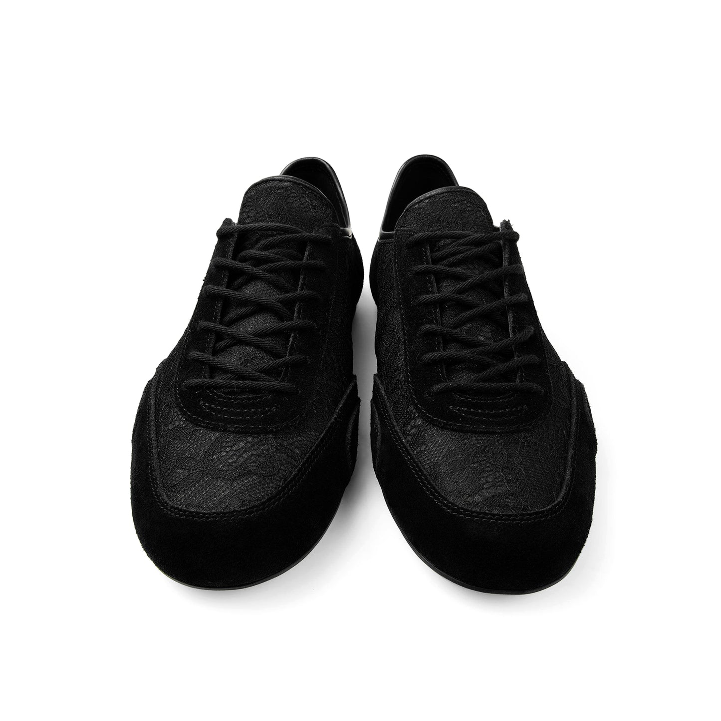 Black Faux Suede And Lace Mesh Round-Toe Lace-Up Sneakers Flats