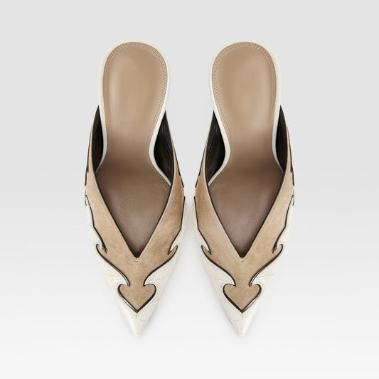 Beige Faux Suede And Crocodile Pattern Pointed-Toe Backless Slip-On High Heels