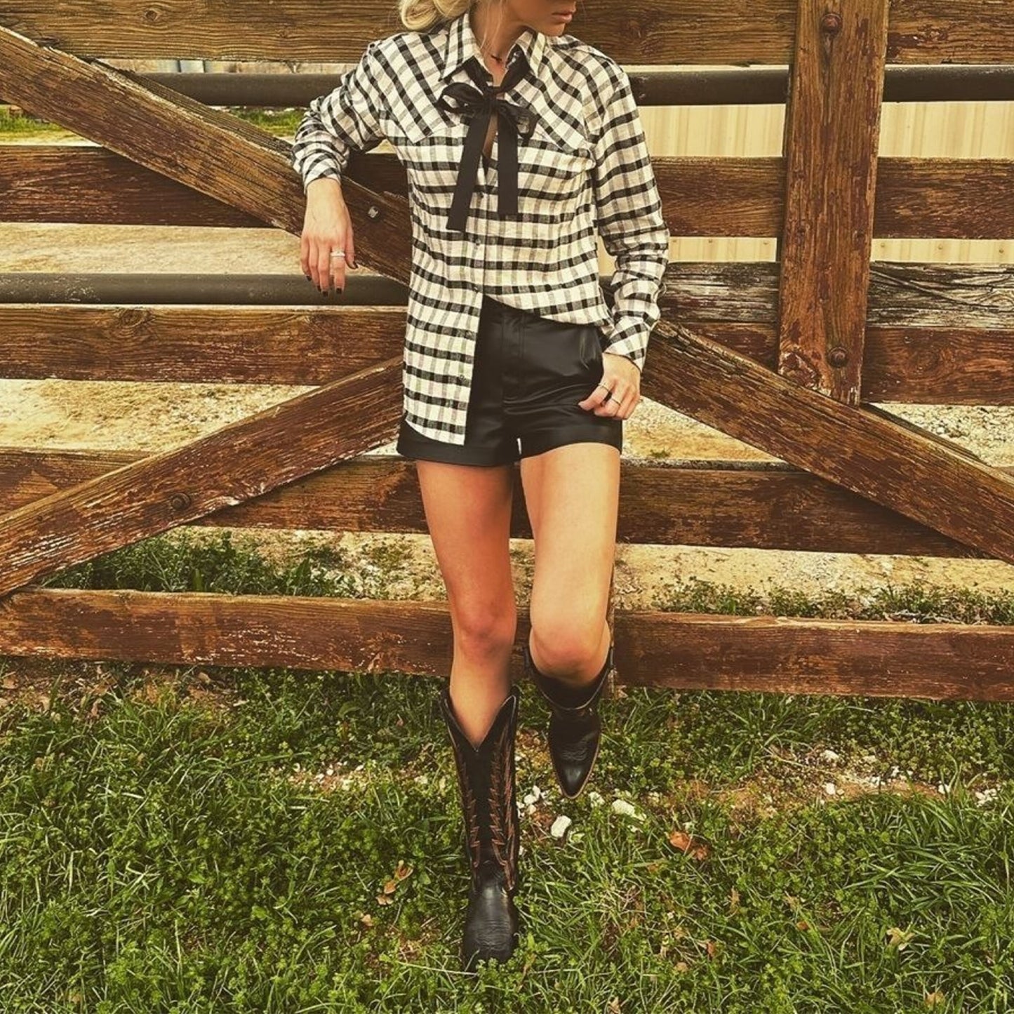 Black Almond-Toe Green Embroidery Wide Calf Knee High Cowgirl Boots