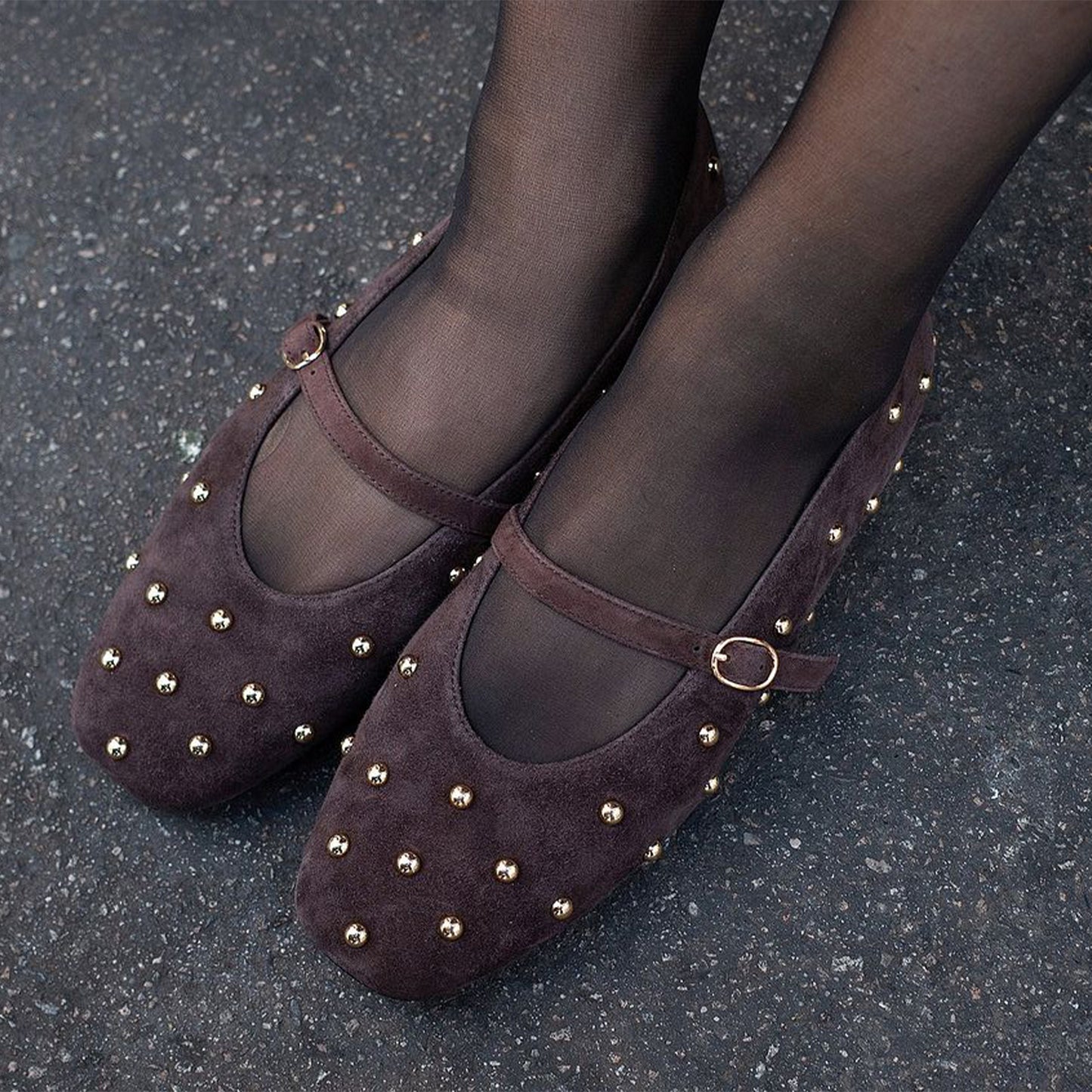 Brown Faux Suede Square-Toe Studs And Mary Jane Ballet Flats