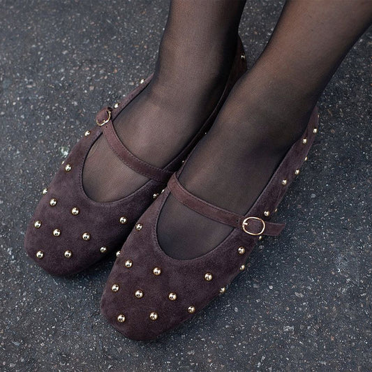 Brown Faux Suede Square-Toe Studs And Mary Jane Ballet Flats