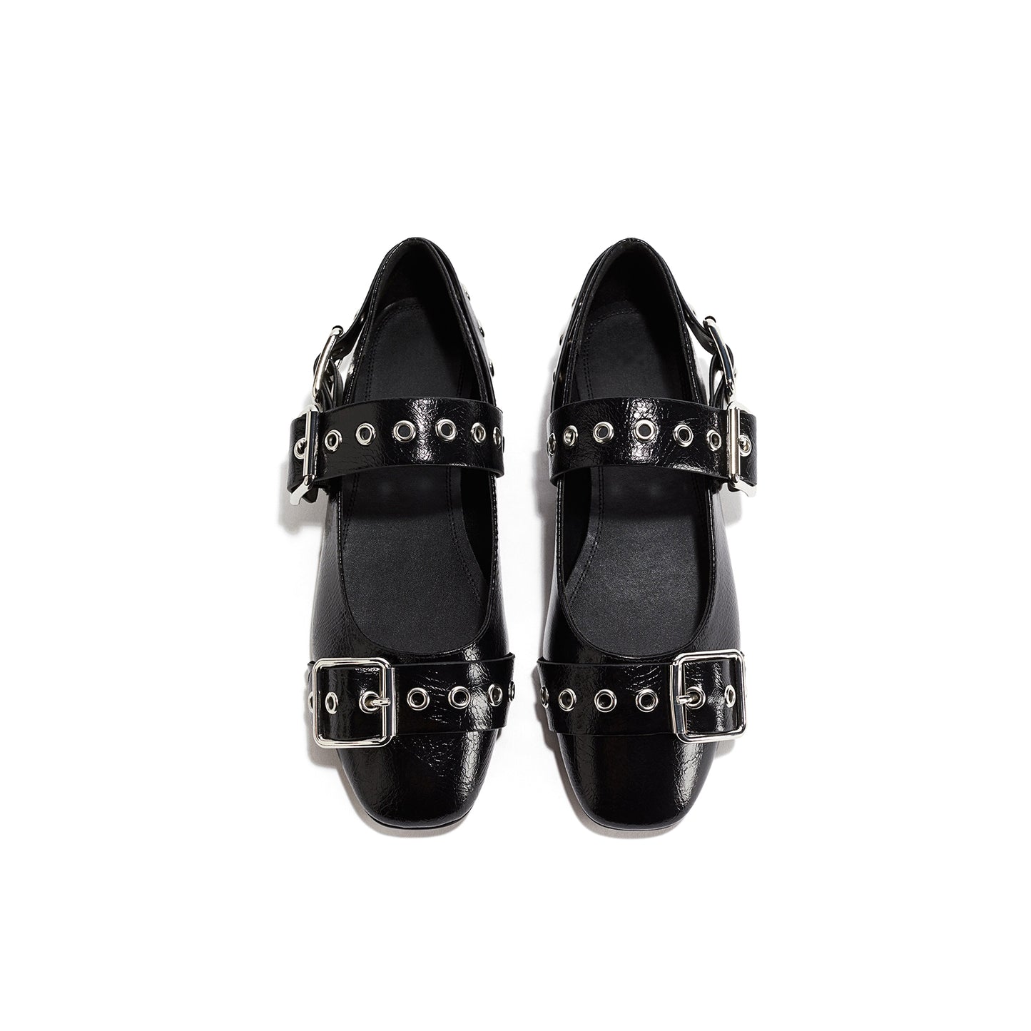 Black Square-Toe Eyelet Straps Ballet Flats