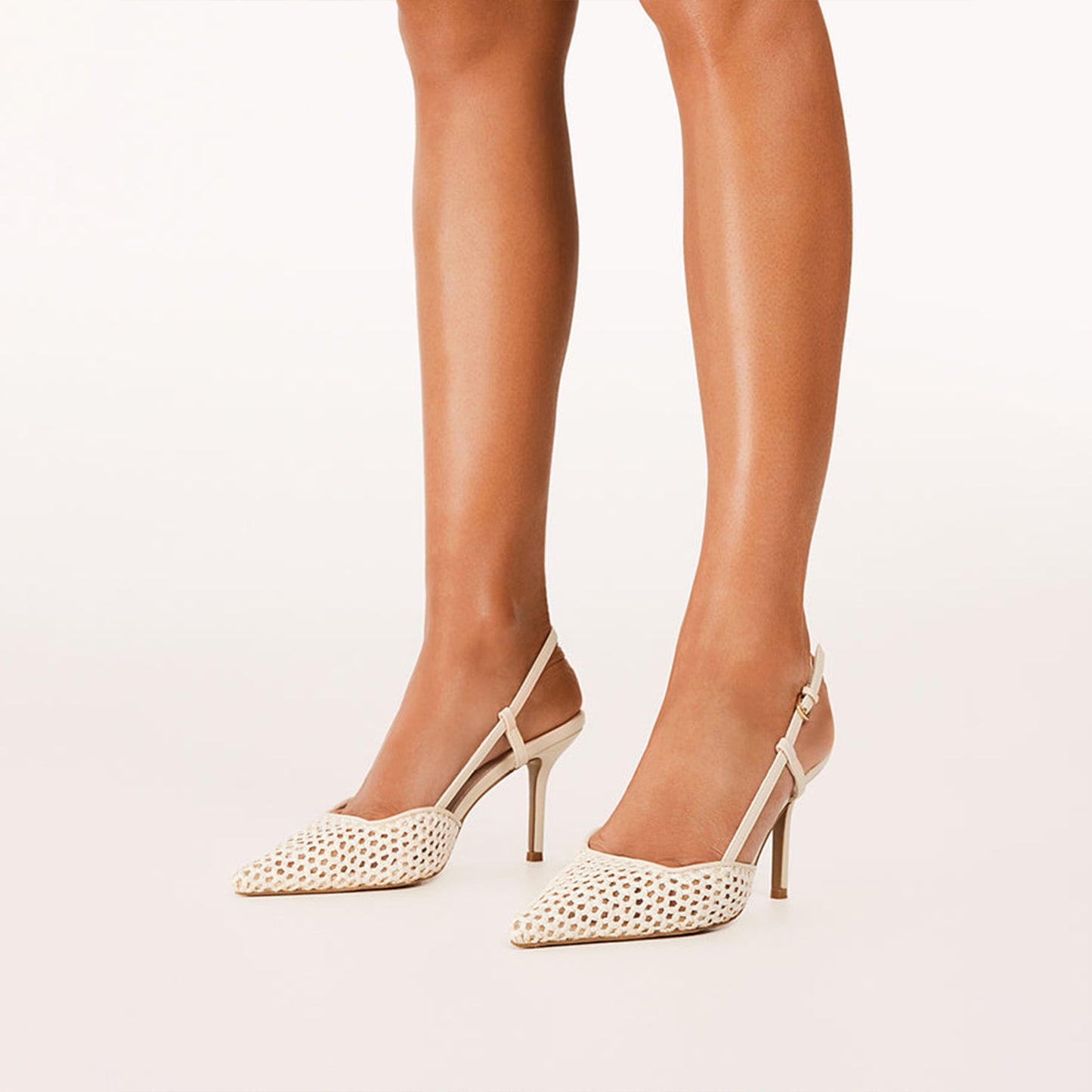 Cream Specially Woven Pointed-Toe Slingback High Heels