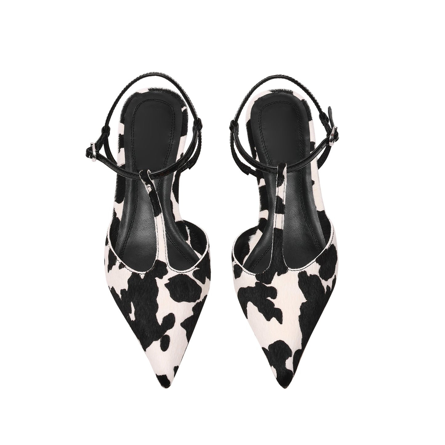 Cow Print Pony Hair Pointed-Toe Straps Kitten Heels
