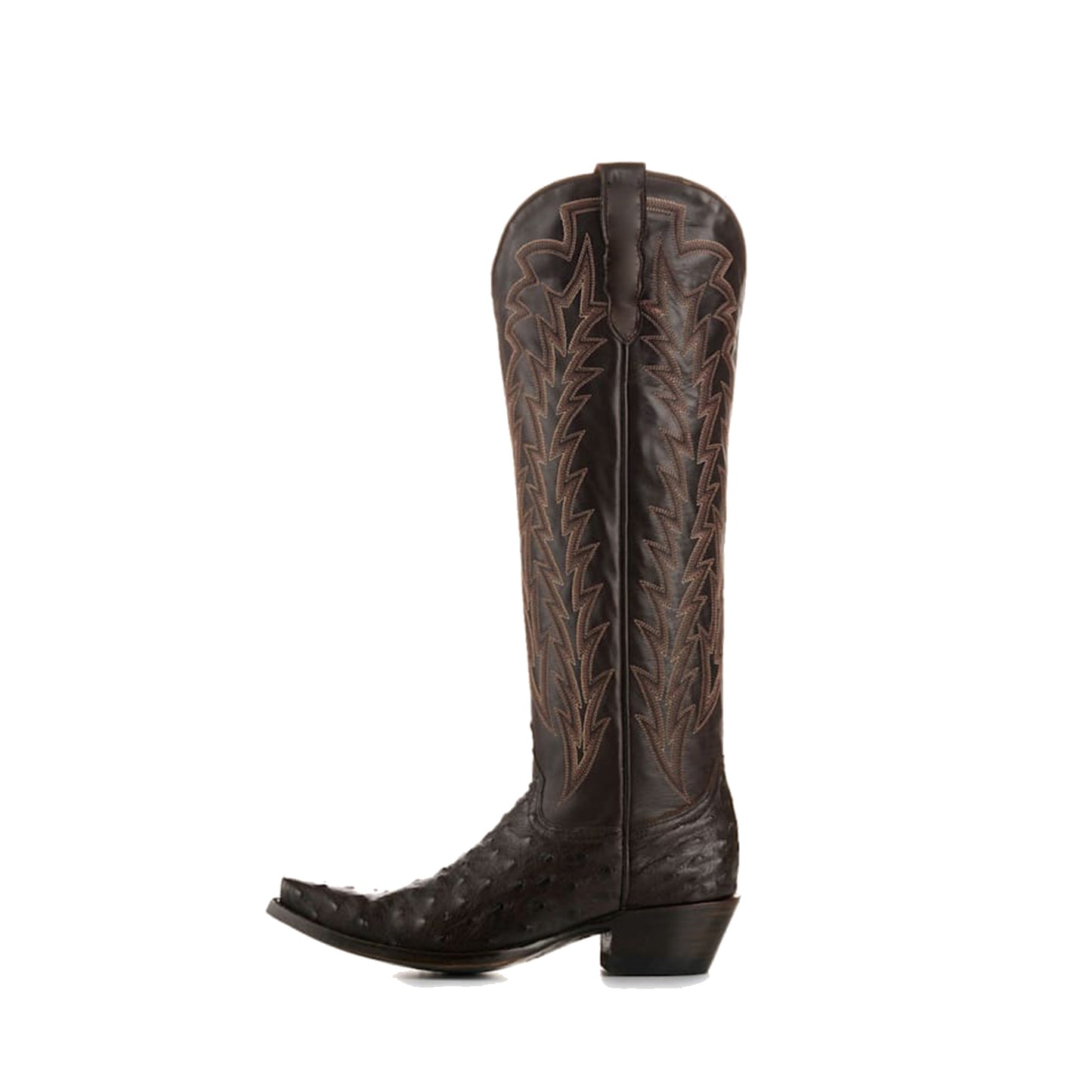 Chocolate Contrast Vegan Leather And Ostrich Print Snip-Toe Embroidery Classic Wide Calf Knee High Cowgirl Boots