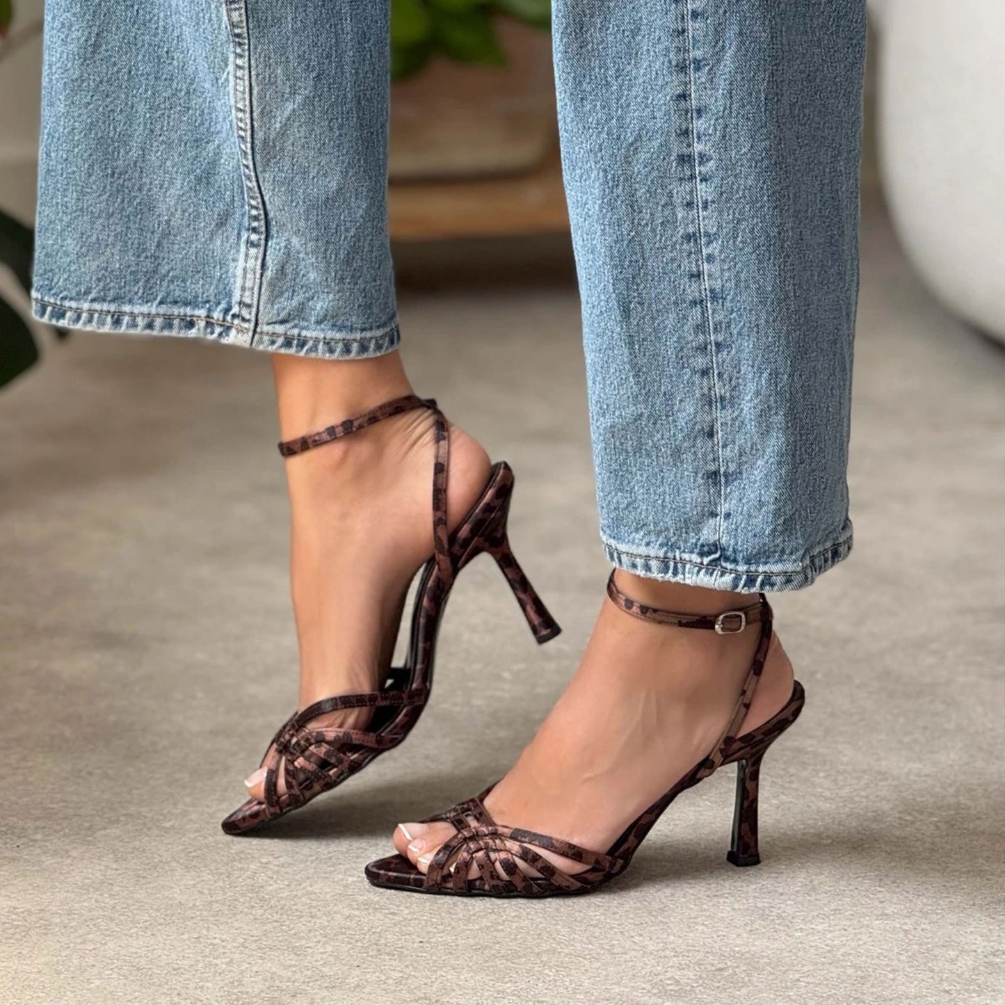 Leopard Satin Pointed-Toe Strappy Back And Ankle Strap High Heels
