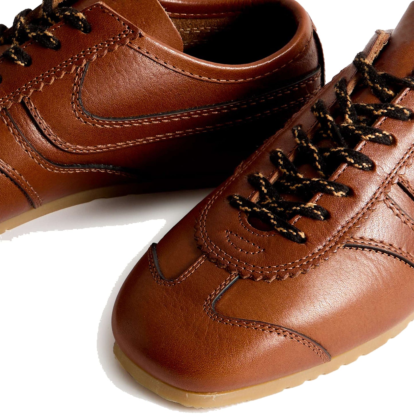Tan Vegan Leather Square-Toe Lace-Up Sneakers Flats