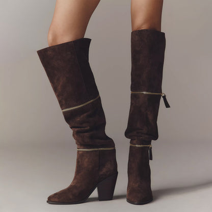 Chocolate Faux Suede Round-Toe Round Zipper Wide Calf Over-The-Knee Cowgirl Boots