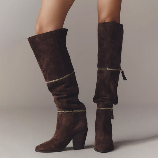 Chocolate Faux Suede Round-Toe Round Zipper Wide Calf Over-The-Knee Cowgirl Boots