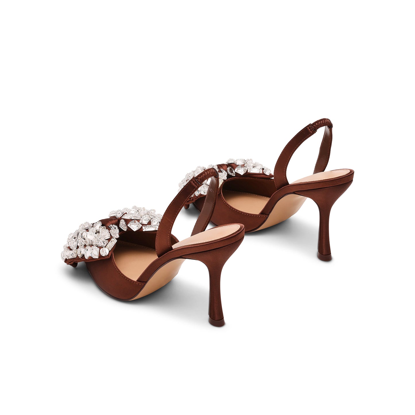 Brown Satin Pointed-Toe Crystals Front Bow Slingback High Heels Pumps