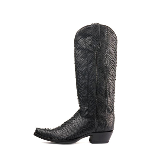 Black Snakeskin Print Snip-Toe Classic Wide Calf Knee High Cowgirl Boots