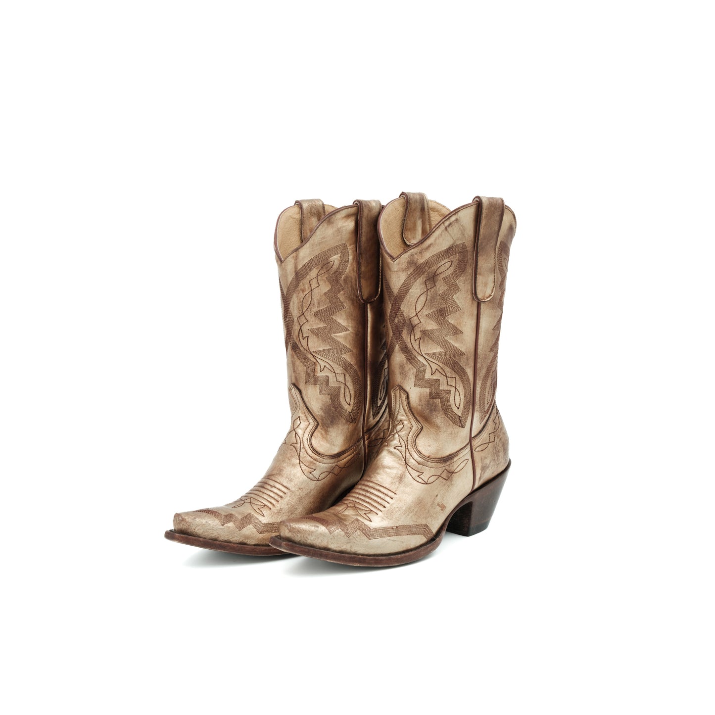 Distressed Metallic Gold Snip-Toe Embroidery Classic Mid Calf Cowgirl Boots
