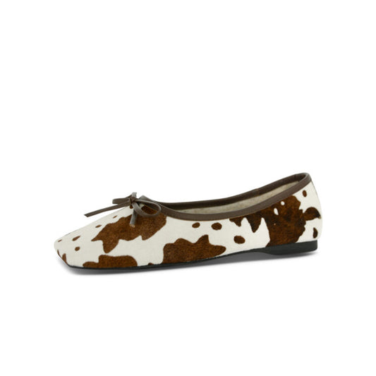 Cow Print Pony Hair Vegan Leather Square-Toe Front Bow Chic Ballet Flats