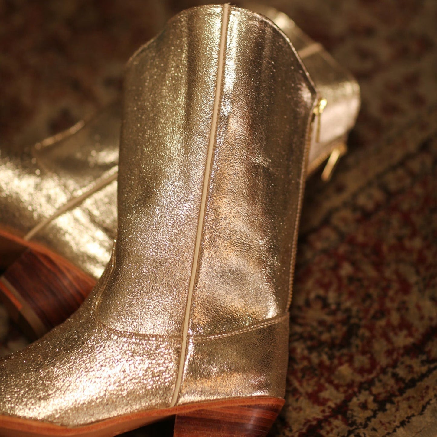 Metallic Gold Almond-Toe Simple Back Full-Zip Mid Calf Cowgirl Boots