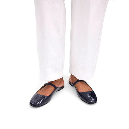 Patent Indigo Square-Toe Bridge Strap Slip-On Flats
