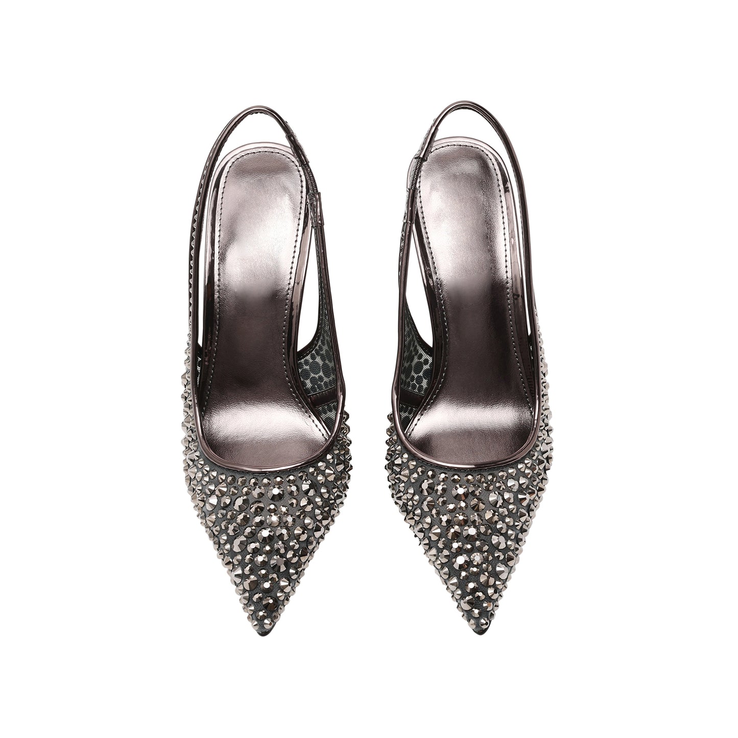 Pewter Mesh With Rhinestones Pointed-Toe Slingback High Heels Pumps