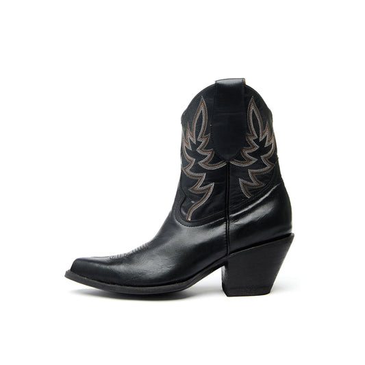 Black Almond-Toe Embroidery Ankle Cowgirl Boots