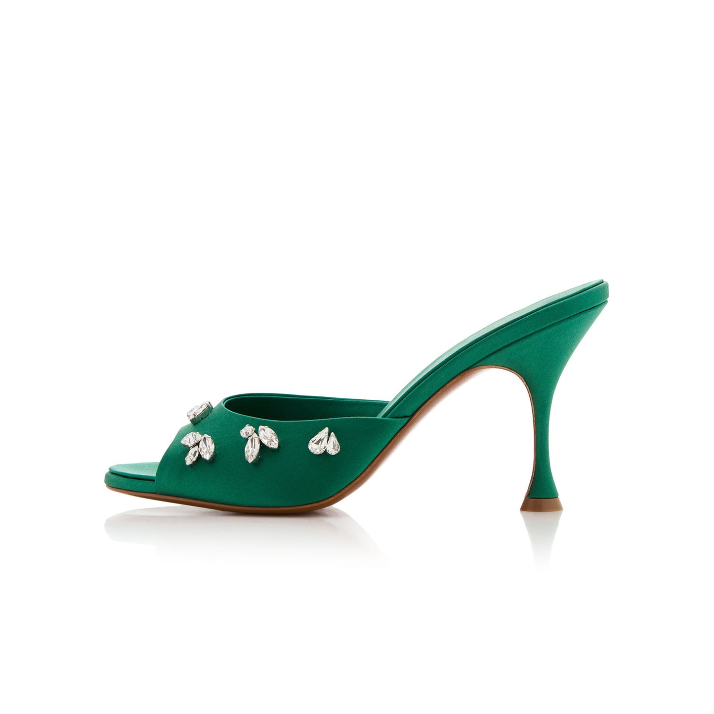 Green Satin Peep Round-Toe Front Crystals Slip-On Backless High Heels