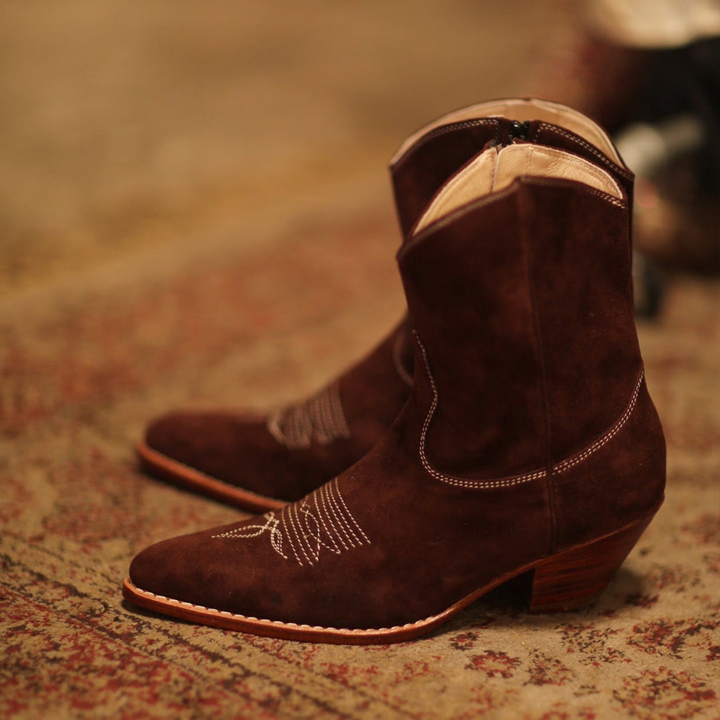 Brown Faux Suede Round-Toe Classic Stitch Full-Zip Ankle Cowgirl Boots