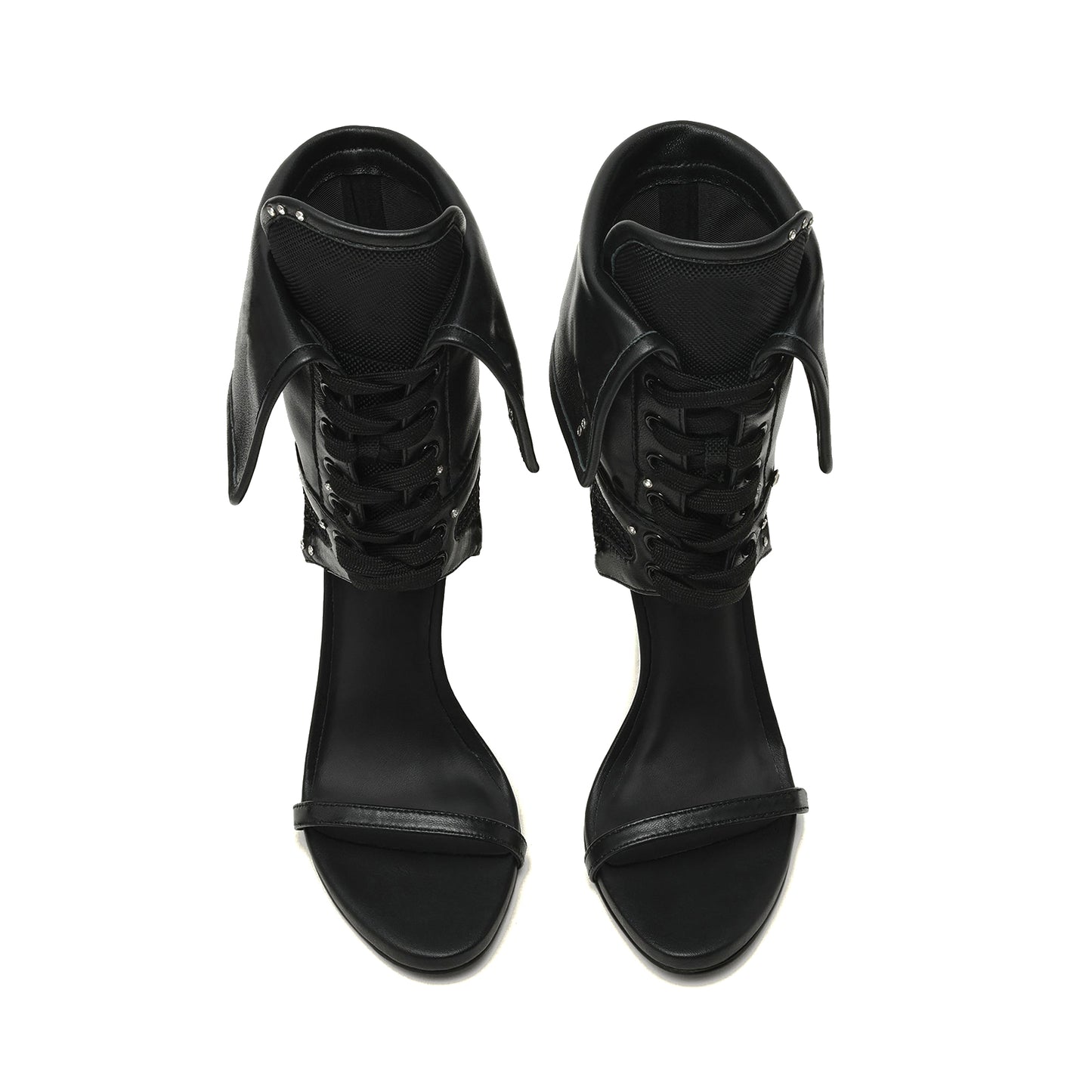 Black Open Round-Toe Mesh And Lace-Up Shaft Back Patent Design Stiletto High Heels