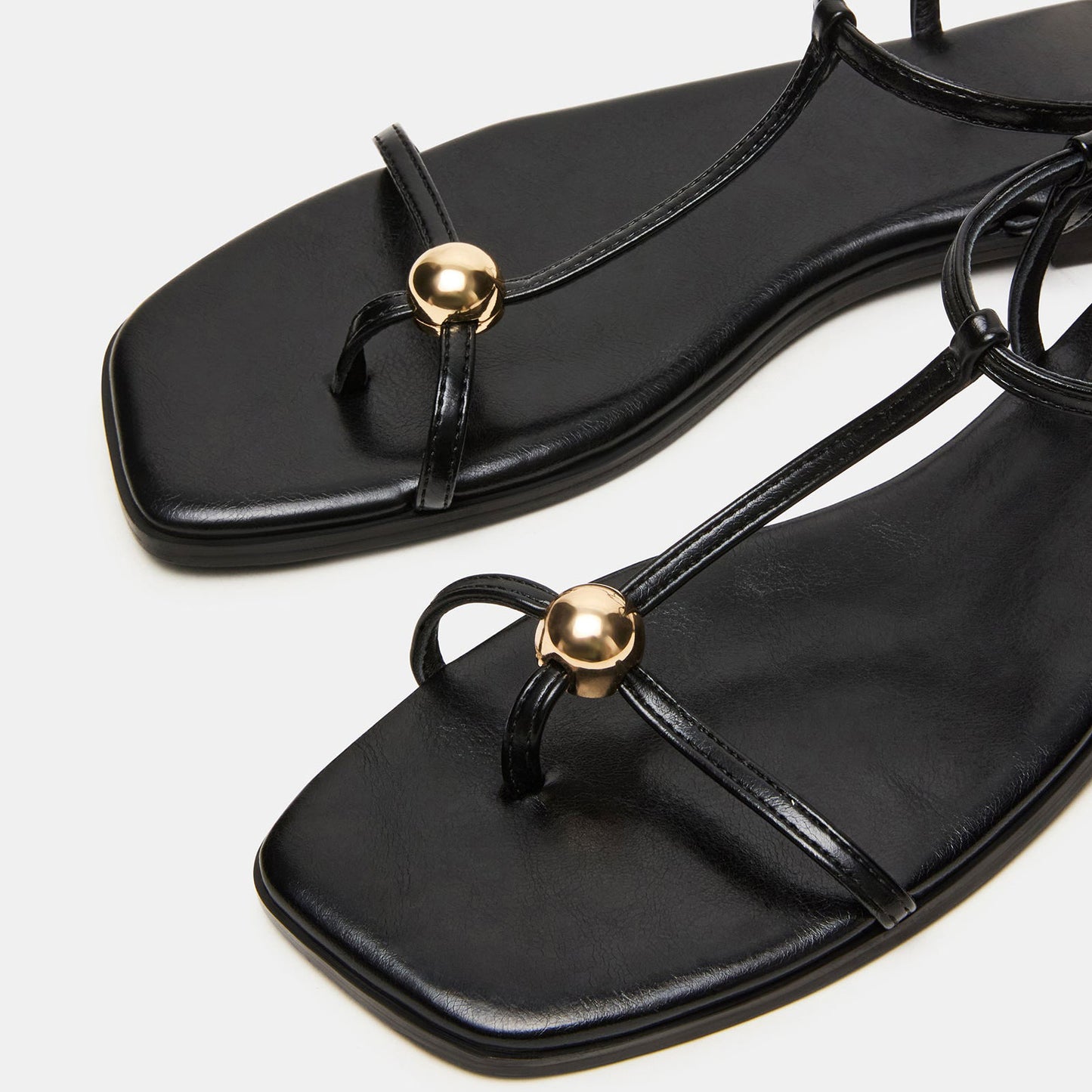Black Square-Toe Strappy Ankle Strap Sandals Flats