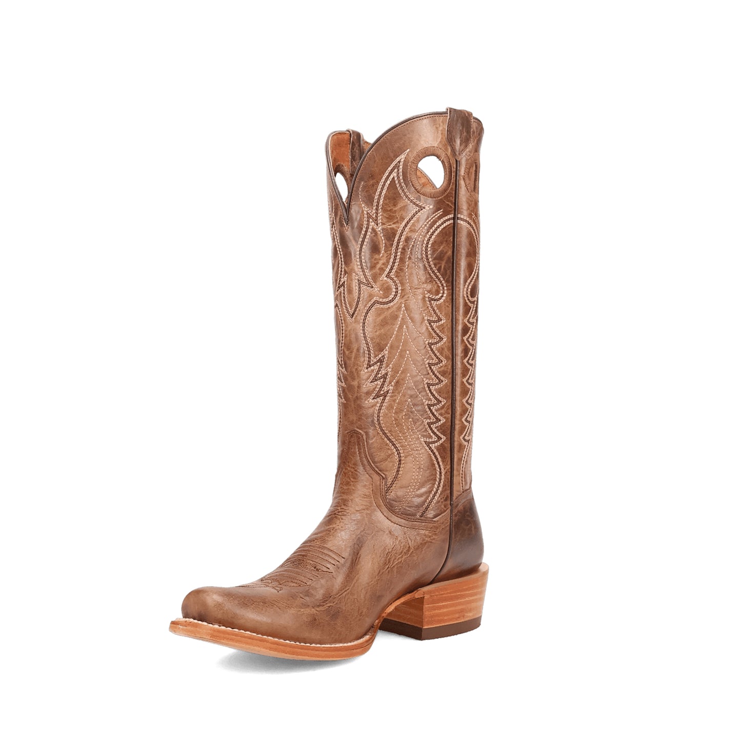 Camel Square-Toe Embroidery Cutout Mid Calf Cowgirl Boots