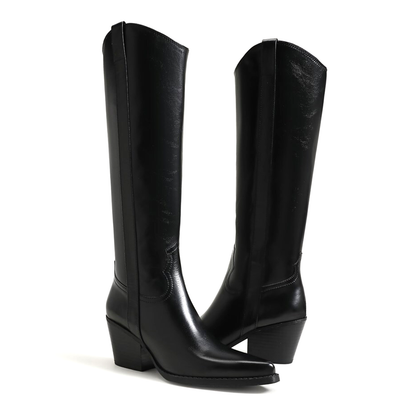 Black Pointed-Toe Half-Zip Knee High Cowgirl Boots