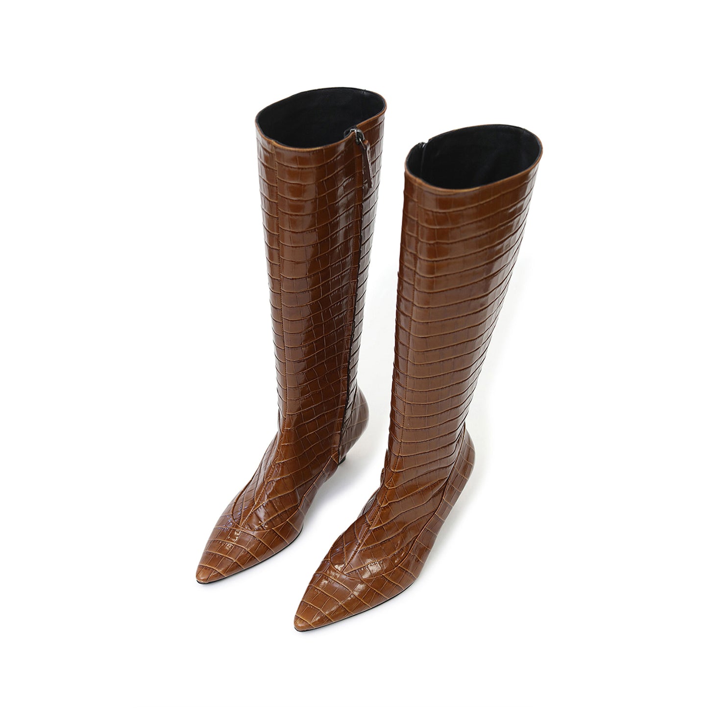 Brown Crocodile Pattern Pointed-Toe Side Full-Zip Knee High Stiletto Boots