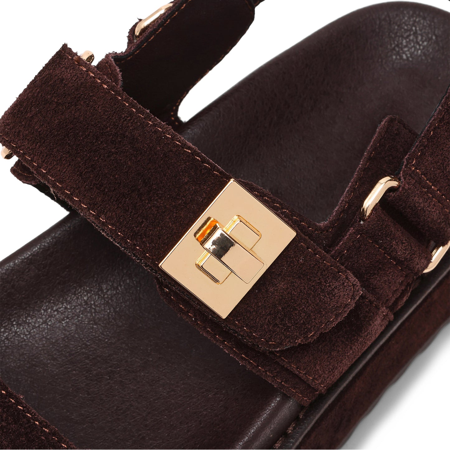 Black Faux Suede Square-Toe Three Straps Sandals Flats