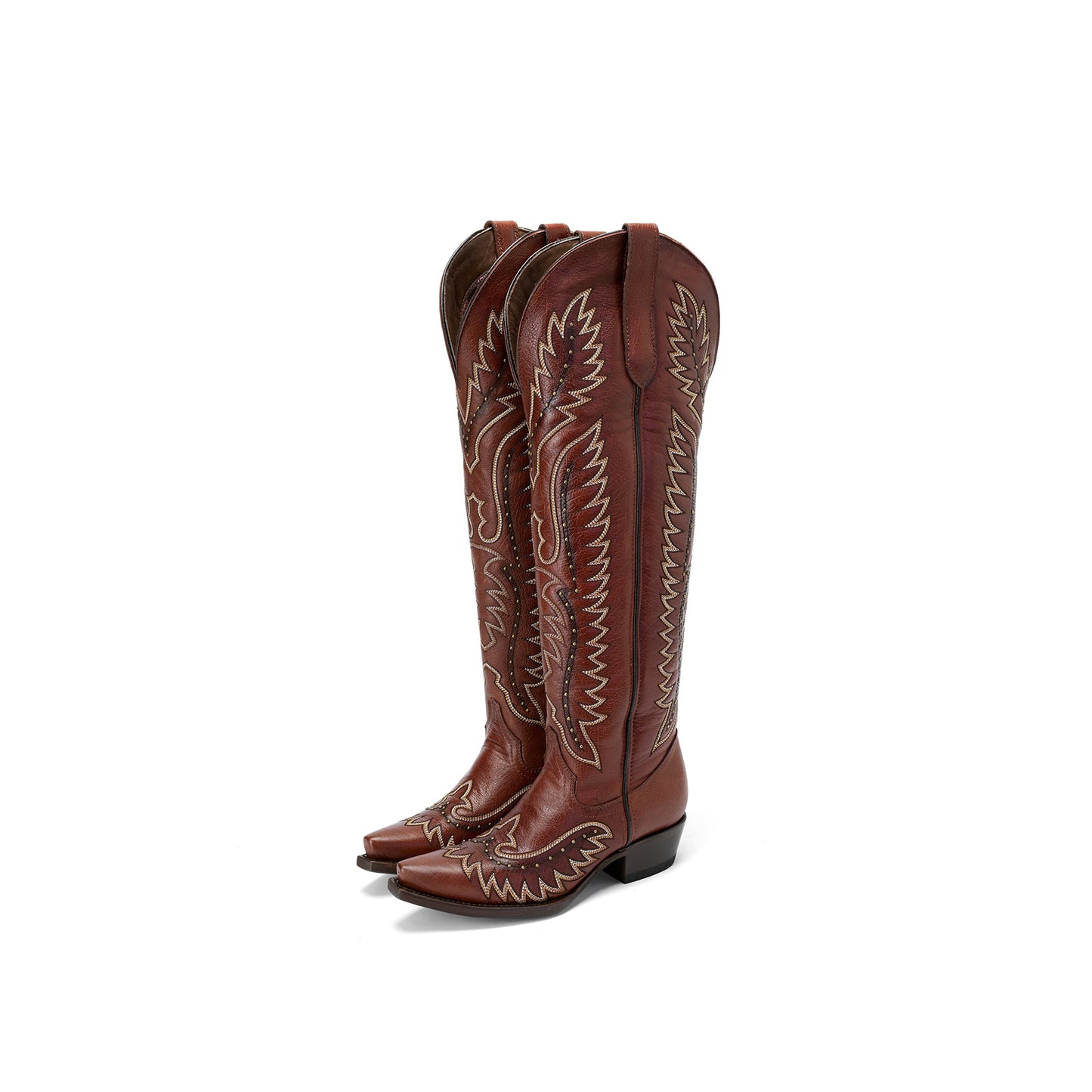 Red Snip-Toe Wings Embroidery Studded Half-Zip Knee High Cowgirl Boots