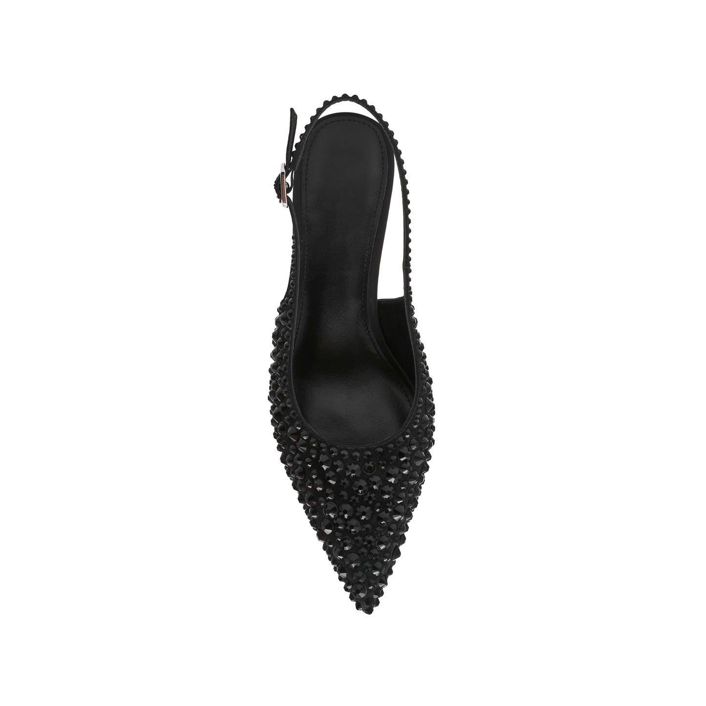 Black Satin Full Crystals Pointed-Toe Classic Slingback Kitten Heels