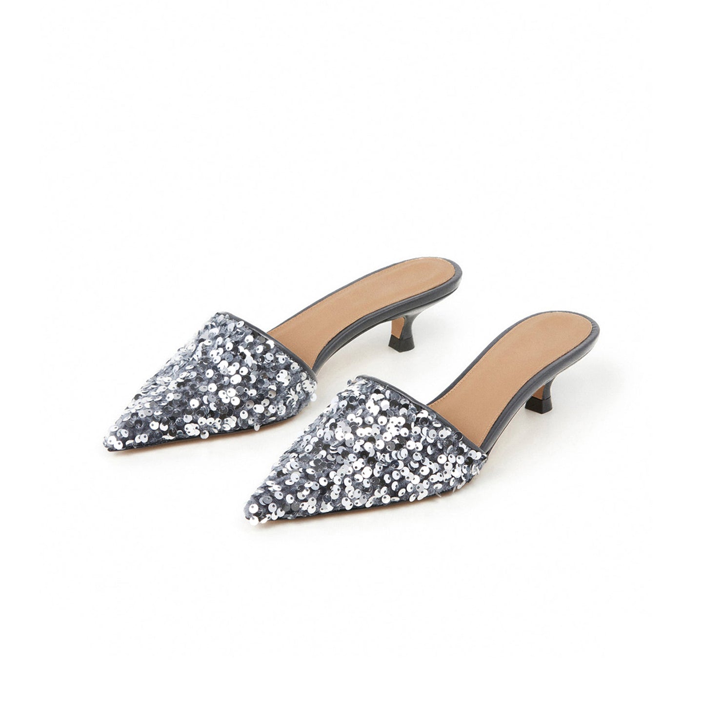 Gray Velvet Pointed-Toe Slip-On Full Sequin Backless Kitten Heels