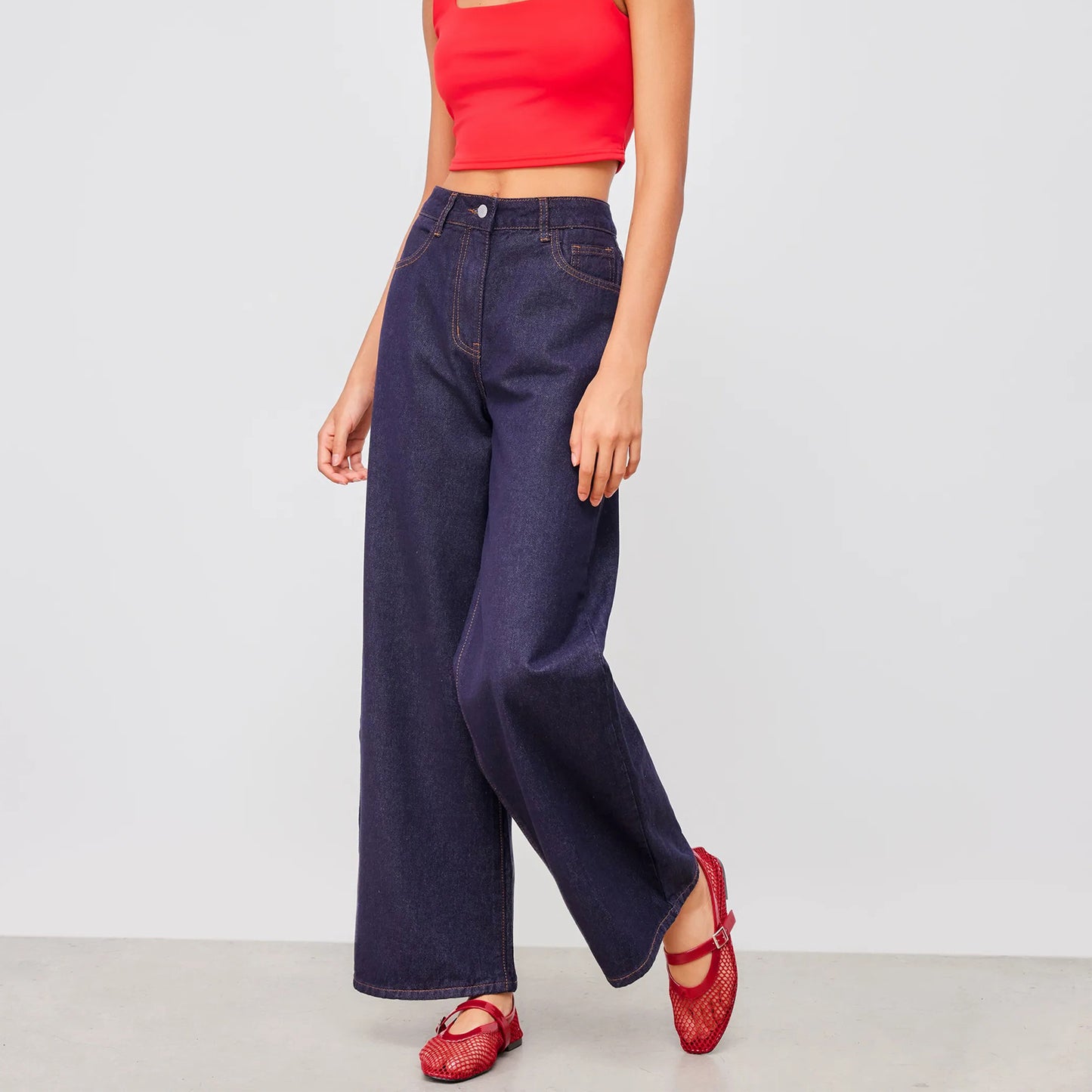 Red Mesh And Patent Leather Square-Toe Mary Jane Ballet Flats