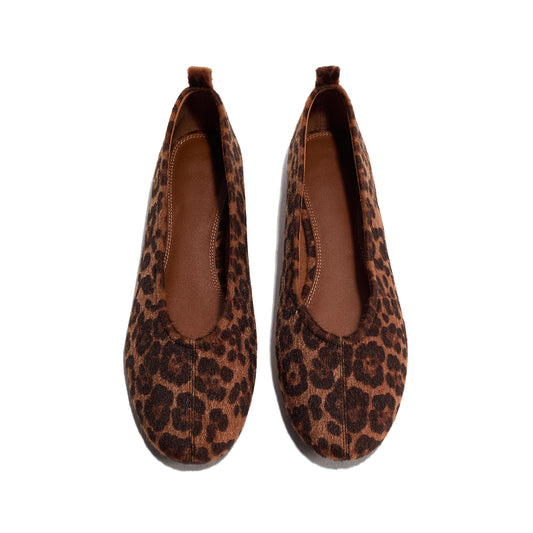 Leopard Pattern Pony Hair Vegan Leather Round-Toe Slip-On Ballet Chic Flats