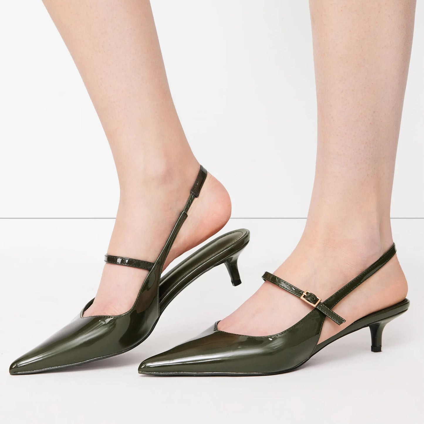 Patent Dark Green Pointed-Toe Middle And Back Strap Chic Kitten Heels