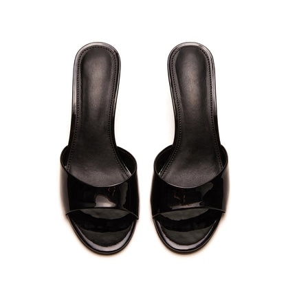 Patent Black Round-Toe Slip-On Mule Kitten Heels
