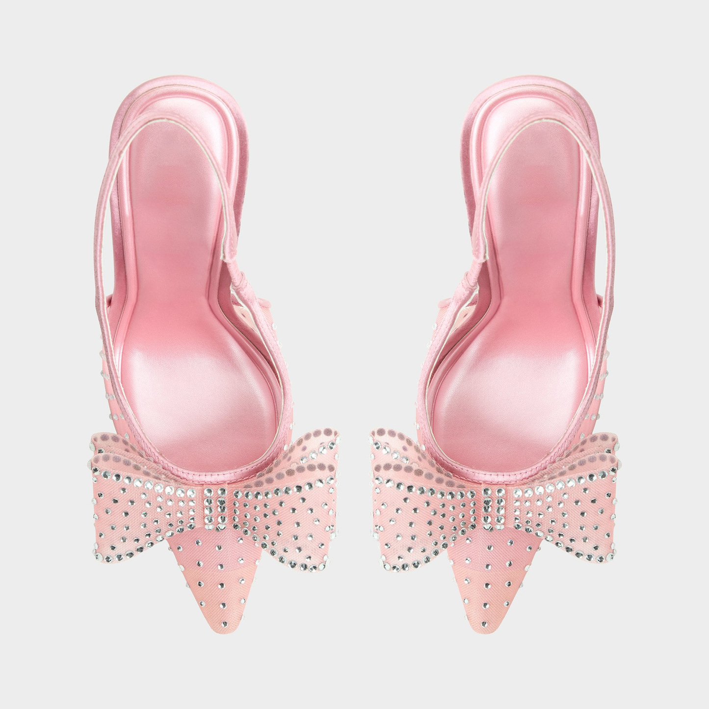 Pink Satin And Mesh Pointed-Toe Full Pearl And Front Bow Slingback High Heels
