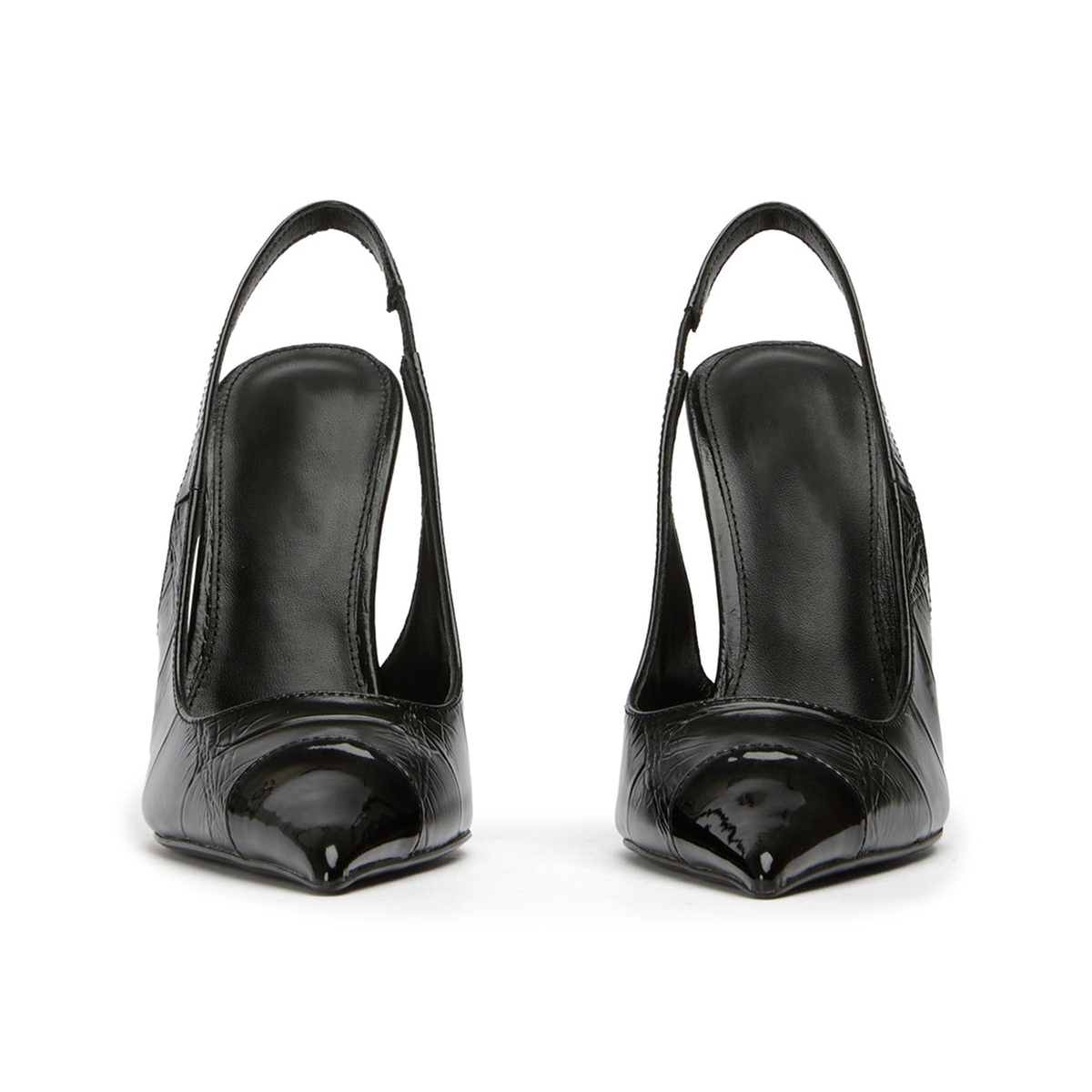 Patent Black And Stone Pattern Vegan Leather Pointed-Toe Slingback High Heels
