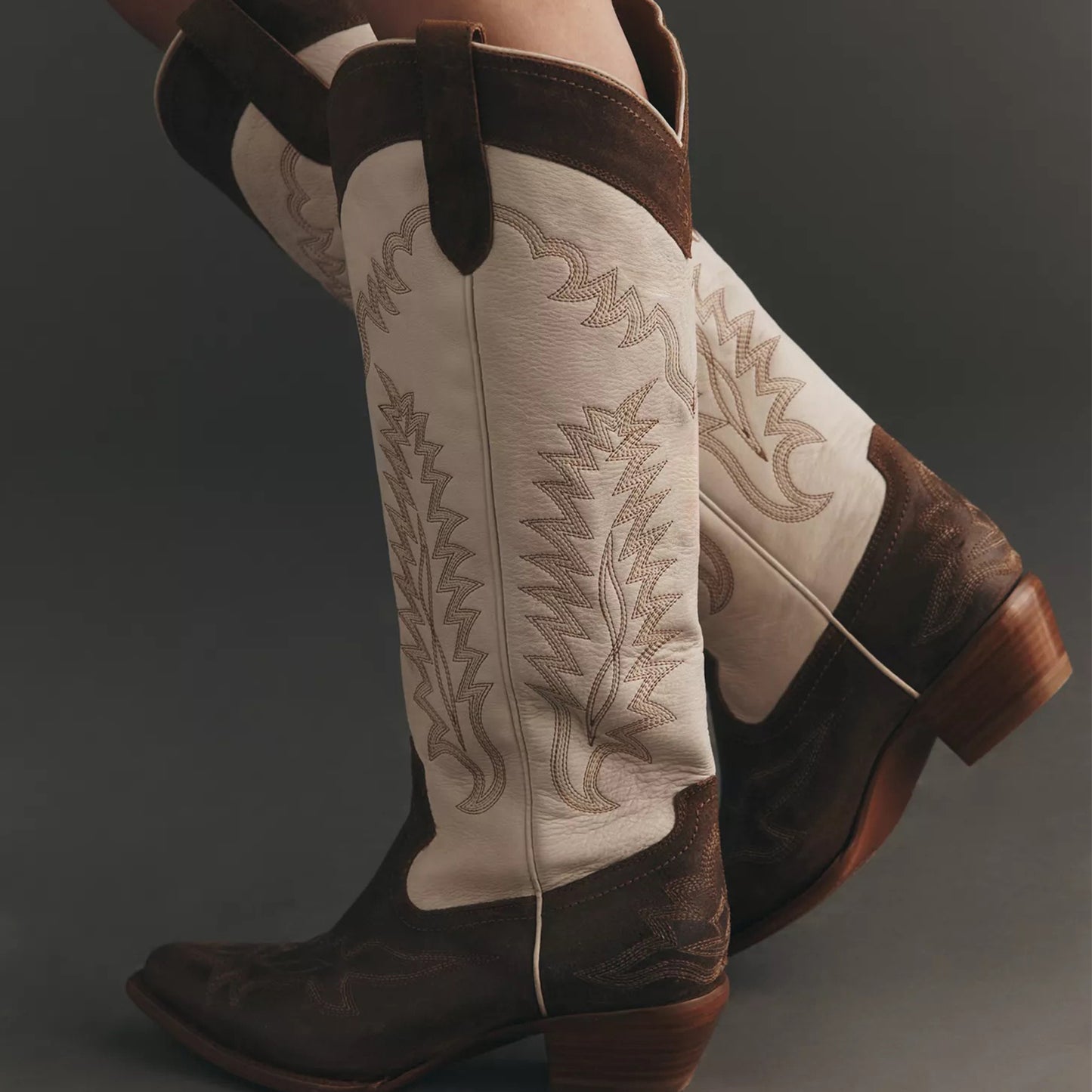 Contrast Ivory And Coffee Snip-Toe Chic Embroidery Wide Calf Knee High Cowgirl Boots