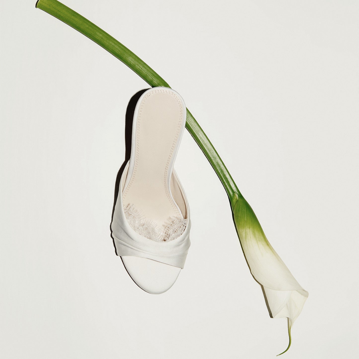 White Satin Round-Toe Front Strap With Lace Backless High Heels