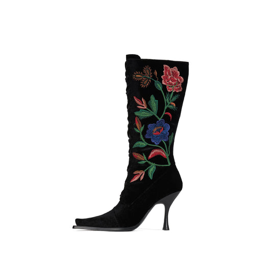 Black Velvet Pointed-Toe Colorful Flowers Embroidery Front Lace-Up Full-Zip Knee High Stiletto Boots