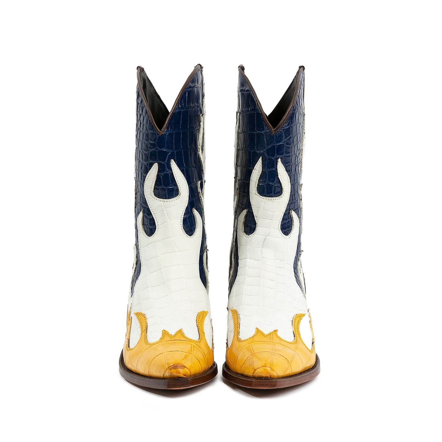 Contrast Tri-Colors Crocodile Print Pointed-Toe Flame Appliques Ankle Cowgirl Boots