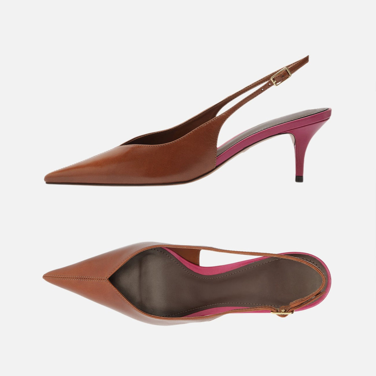 Brown Vegan Leather Pointed-Toe Buckle Back Strap Sleek Kitten Heels