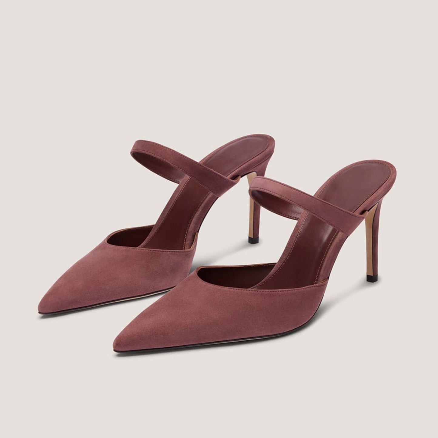 Dark Taupe Faux Suede Pointed-Toe Middle Strap Slip-On High Heels